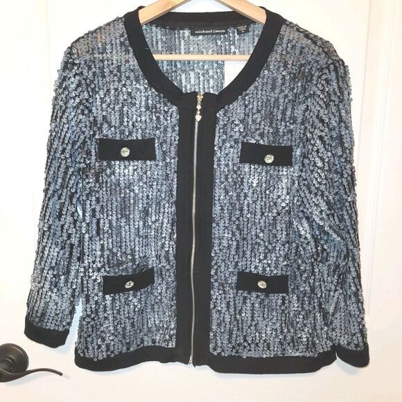 Michael Simon Jackets & Blazers - Michael Simon Jacket Woman XLarge Gray Sequined Mesh Zip Stretch Eveningwear New
